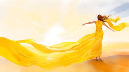 Young beautiful woman in yellow dress dancing on the beach at sunset.の素材