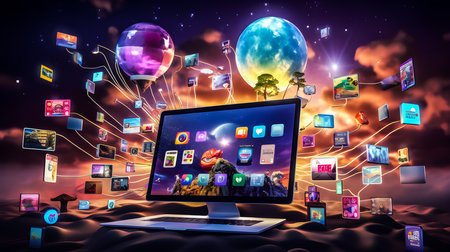 Modern computer with colorful media icons flying in the sky. 3D renderingの素材