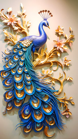 Peacock decorated with flowers and gold ribbons on the wallの素材