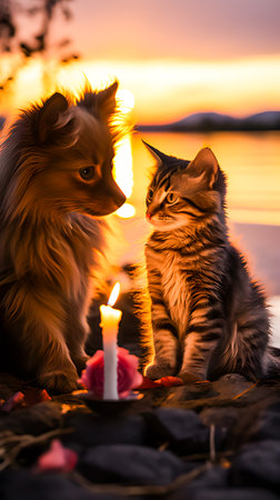 Cat and dog on the beach at sunset. Pet in the natureの素材