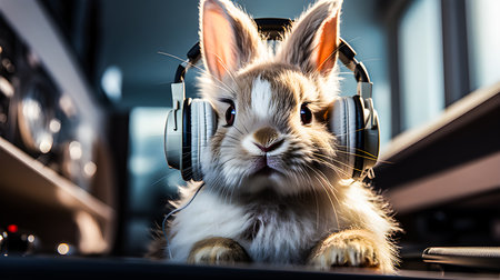 Cute rabbit with headphones listening to music at home. Happy easter.の素材