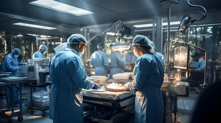 Surgeons performing surgery in operating room. Group of surgeons at work in operating room.の素材