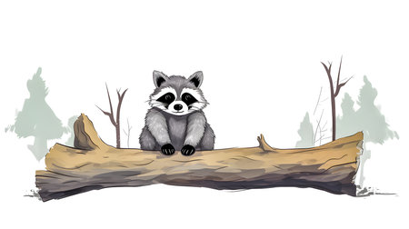 Raccoon sitting on a log in the forest. Vector illustration.の素材