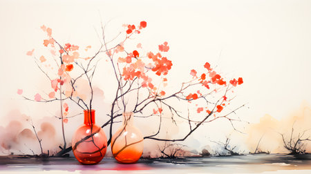 Red vase with red flowers and tree branches on the white backgroundの素材