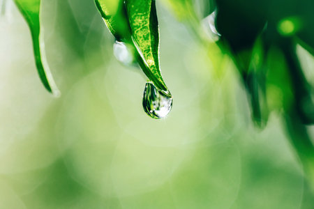 Water drop on green leaves with bokeh background, nature concept