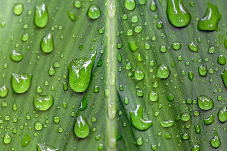Water drops on green banana leaf, close up of raindrops on banana leaf