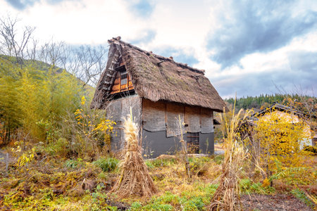 Old wooden house with thatched roof in the village of Bukovel, Ukraineの写真素材