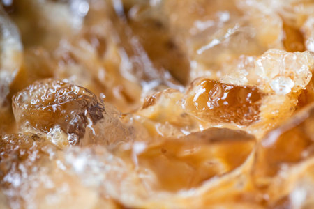 close up of honeycombs in syrup, shallow depth of field