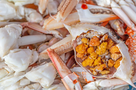 Crab meat and seafood in the market, closeup of photoの写真素材