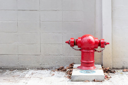 Red fire hydrant in front of gray wall background, stock photo