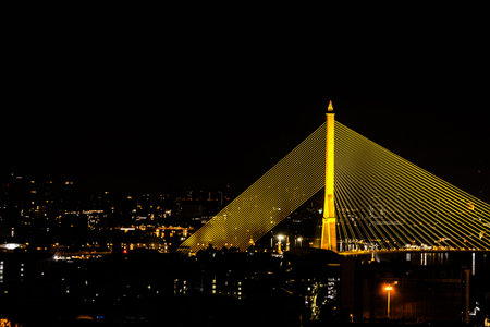A bridge at night, Thailand. The bridge crosses the Chao Phraya River.
