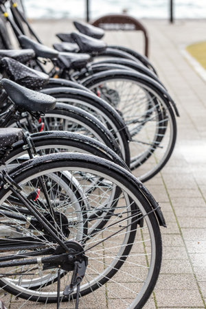 Bicycles parked in a row on the waterfront in Amsterdam, Netherlands