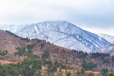Mountain landscape with colorful autumn forest and snow-capped peaks