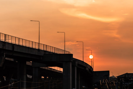 Silhouette of bridge with sunset sky background, Bangkok, Thailandの写真素材