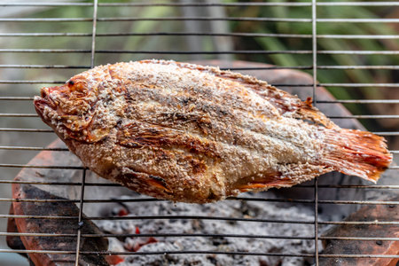 Fried fish on the grill, Thai style grilled fish on charcoalの写真素材