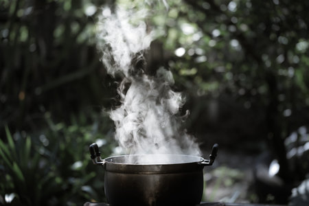 Cooking pot on fire in the garden with nature background. Selective focus.