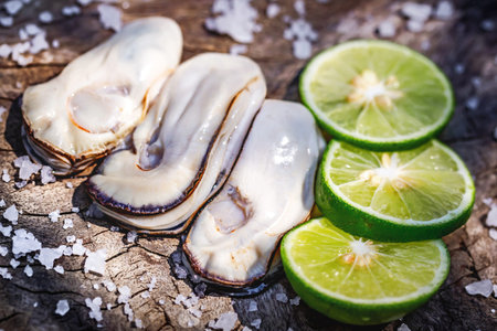 Fresh oysters with lime and salt on wooden background. Seafoodの写真素材