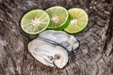 Fresh oysters with lime on wooden background. Seafood concept.