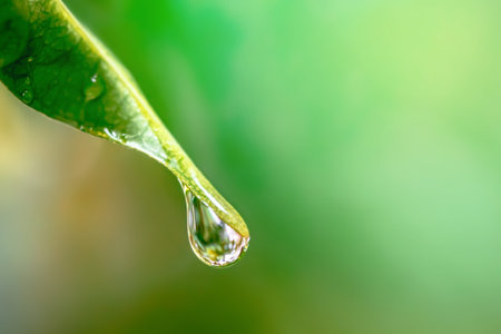 Close up water drop on green leaf with copy space for nature backgroundの写真素材