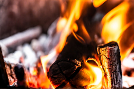 Burning firewood in a fireplace, close-up, background