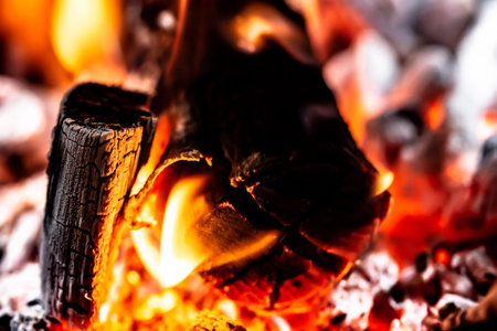 Burning firewood in a fireplace, close-up, background