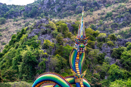 King of Naga or serpent statue at Wat Tham Chaeng temple in Phetchaburi Thailandの写真素材