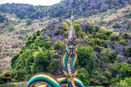 King of Naga or serpent statue at Wat Tham Chaeng temple in Phetchaburi Thailand