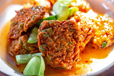 Fried fish cake with spicy sauce,Thai style food.の写真素材