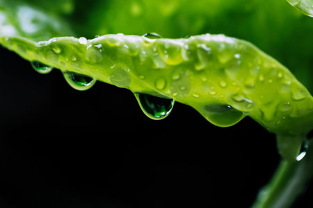 Water drop on green leaf with black background, selective focus and shallow DOF
