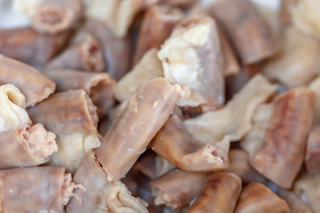 Close up of a pile of boiled chicken meat. Selective focus.の写真素材