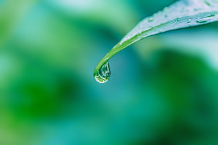 Water drop on green leaf with blur background, Nature and environment concept.