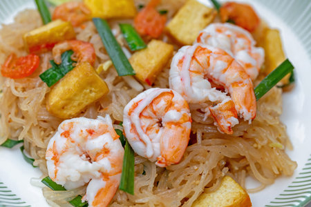 Thai food Pad thai with prawns and tofu.の写真素材