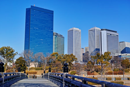 OBP skyscraper seen from gorakubashi bridge over Osaka Castle Inner Moat