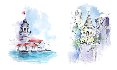 Watercolor sketches of Maidenu0027s and Galata Towers, Istanbul 