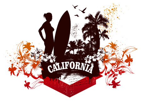 beauty woman with surf summer scene and surfboardのイラスト素材