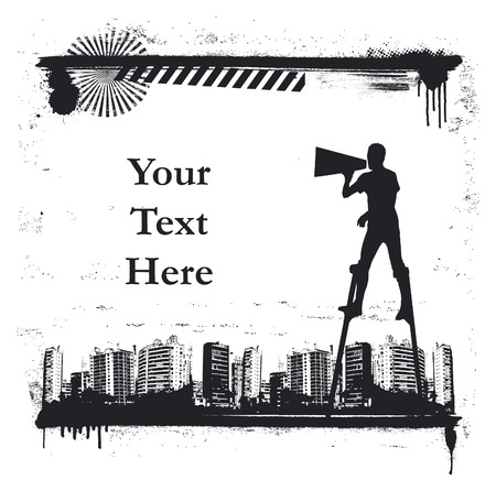 urban scene with actor on stilts and copy spaceのイラスト素材