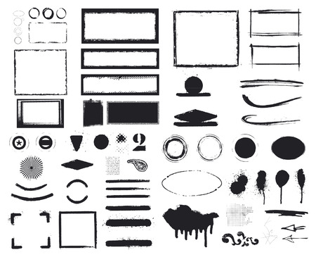 set of inky grunge and stencil style frames and figures like circles frames and shieldsのイラスト素材