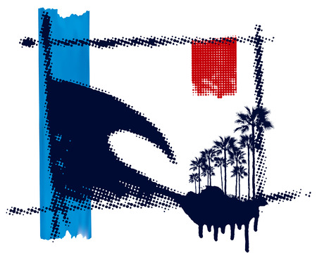 stencil halftone surf scene with palms and labelのイラスト素材
