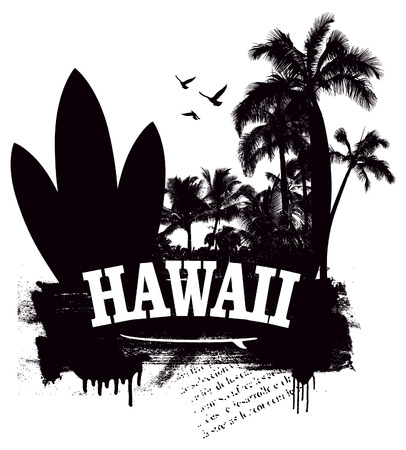 stencil hawaiian beach with surfboard and palmsのイラスト素材