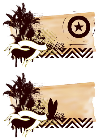 grunge surf banner with palms table and crestのイラスト素材