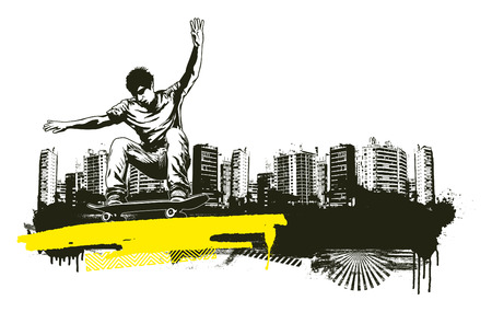 acrobatic skate jump with grunge city backdropのイラスト素材