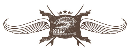 vintage surf crest with wings wave and surfboardsのイラスト素材