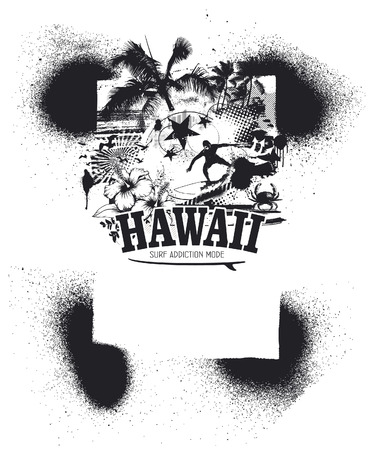 hawaiian stencil frame with beauty beach and surferのイラスト素材