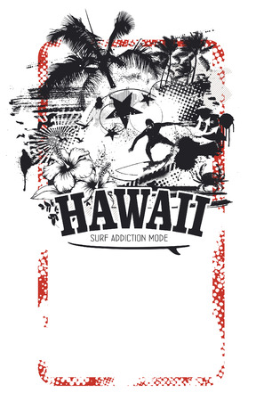 beauty hawaiian summer background with beach and surfer riding a waveのイラスト素材