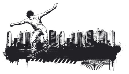 skate rider with grunge city backgroundのイラスト素材