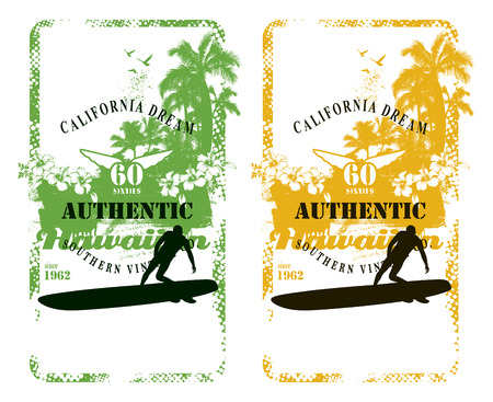 summer hawaiian surf background with rider and beachのイラスト素材