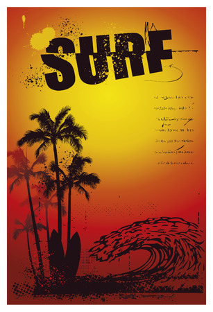 grunge surf poster with big pipeline wave and sunsetのイラスト素材