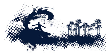 grunge surfer splash wave with palmsのイラスト素材