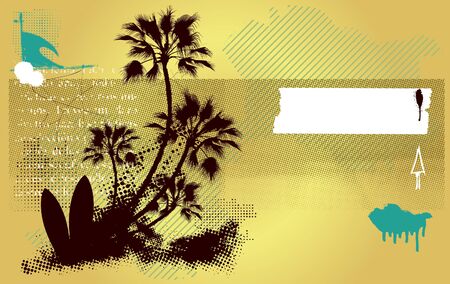 surf banner with table and palms in grunge backgroundのイラスト素材