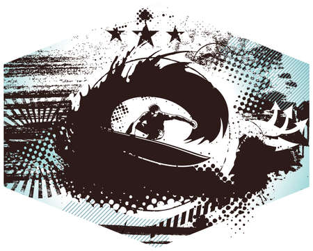 surf frame with big wave and surferのイラスト素材